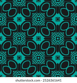 Padrão monocromático contínuo com elementos decorativos orientados diagonalmente. Verde-azul sobre preto. Ilustração vetorial