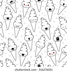 Seamless monochrome pattern of different ice cream doodle emotion. 