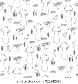Seamless monochrome pattern with different mushrooms and moss. Vector illustration for textile design, wallpaper, wrap paper and etc.
