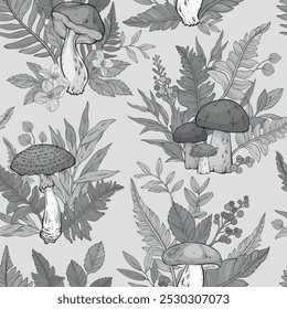Padrão monocromático contínuo com diferentes tipos de cogumelos, flores e bagas, samambaias. Ilustração vetorial