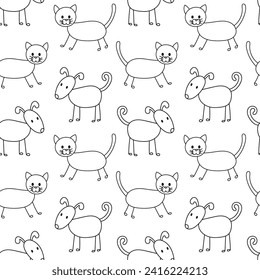 Seamless monochrome pattern with dog and cat outline doodle. Hand drawn funny domestic animal on white background.