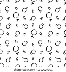 Seamless monochrome pattern with doodle style black ink planet venus sign. On white background. Stock vector illustration.