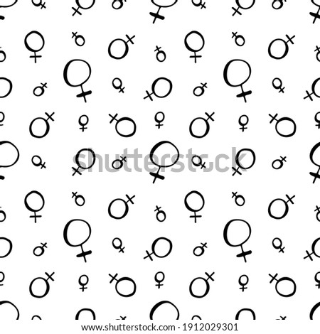 Seamless monochrome pattern with doodle style black ink planet venus sign. On white background. Stock vector illustration.