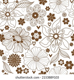 Seamless monochrome pattern with drawn contour vintage flowers. Vector eps 10