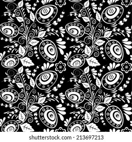 Seamless monochrome pattern with Easter eggs and floral ornaments