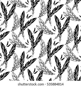 seamless monochrome pattern with feathers on a white background.