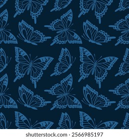 A seamless monochrome pattern featuring elegant flying swallowtail butterflies, dark background. This striking design captures the grace and beauty of these magnificent creatures, vector illustration