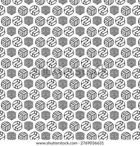 A seamless monochrome pattern featuring repetitive geometric hexagons with varying internal line designs on a white background.