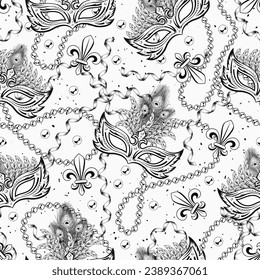 Seamless monochrome pattern with fleur de lis, strings of beads, party streamer, masks. Mardi gras carnival design. Vintage illustration on white textured background.