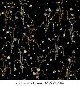 Seamless monochrome pattern with floral branches and snowflakes. 