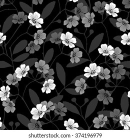 Seamless monochrome pattern with flowering branches on black background. Monochrome vector hand-drawn illustration.