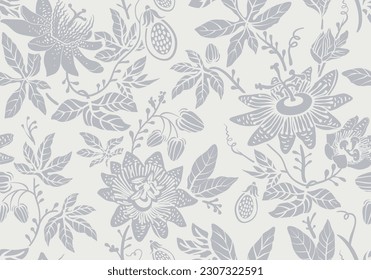 Seamless monochrome pattern with flowers. Background with decorative climbing flowers. Nature wallpaper. Design for textile, wallpaper, bed linen, paper, invitation, cover. Floral backdrop