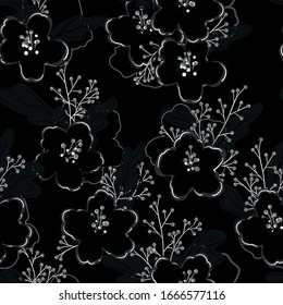 Seamless monochrome pattern with flowers in black tones. Vector texture for textiles, fabrics, footwear, wrapping paper, napkins, phone cases, bags.