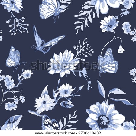seamless monochrome pattern of flowers and butterflies vector illustration