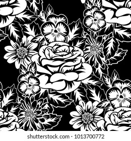 seamless monochrome pattern of flowers for greeting cards, background, price tags
