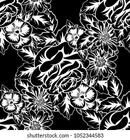 seamless monochrome pattern of flowers for greeting cards, background, price tags