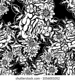 seamless monochrome pattern of flowers for greeting cards, background, price tags