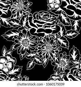 seamless monochrome pattern of flowers for greeting cards, background, price tags