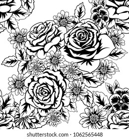 seamless monochrome pattern of flowers for greeting cards, background, price tags