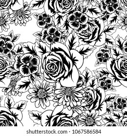 seamless monochrome pattern of flowers for greeting cards, background, price tags