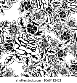 seamless monochrome pattern of flowers for greeting cards, background, price tags