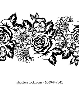 seamless monochrome pattern of flowers for greeting cards, background, price tags