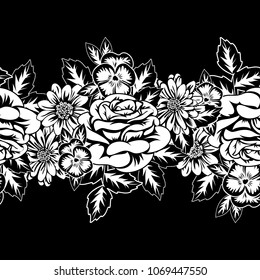 seamless monochrome pattern of flowers for greeting cards, background, price tags