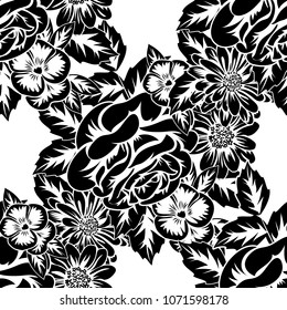 seamless monochrome pattern of flowers for greeting cards, background, price tags