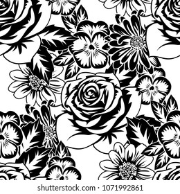 seamless monochrome pattern of flowers for greeting cards, background, price tags