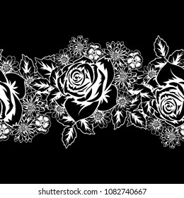 seamless monochrome pattern of flowers for greeting cards, background, price tags