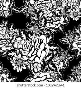 seamless monochrome pattern of flowers for greeting cards, background, price tags