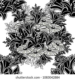 seamless monochrome pattern of flowers for greeting cards, background, price tags