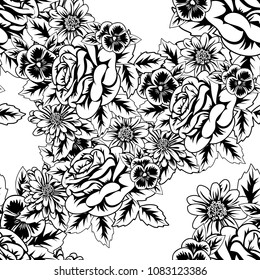 seamless monochrome pattern of flowers for greeting cards, background, price tags