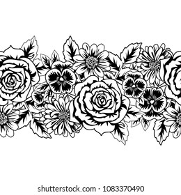 seamless monochrome pattern of flowers for greeting cards, background, price tags