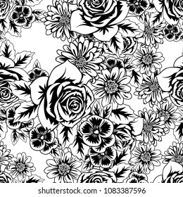 seamless monochrome pattern of flowers for greeting cards, background, price tags
