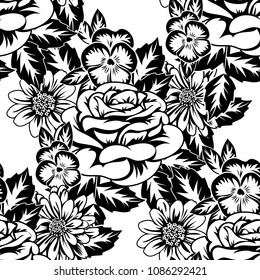 seamless monochrome pattern of flowers for greeting cards, background, price tags