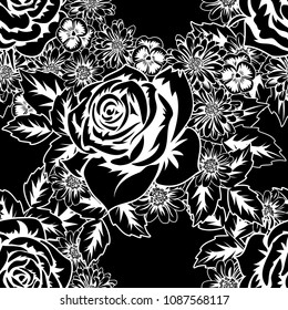 seamless monochrome pattern of flowers for greeting cards, background, price tags