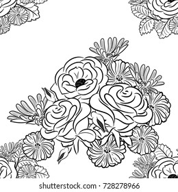 seamless monochrome pattern of flowers for greeting cards, background, price tags