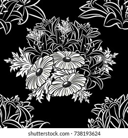 seamless monochrome pattern of flowers for greeting cards, background, price tags