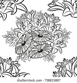 seamless monochrome pattern of flowers for greeting cards, background, price tags