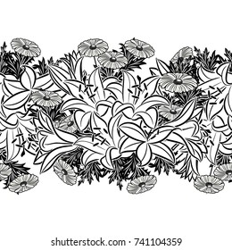 seamless monochrome pattern of flowers for greeting cards, background, price tags