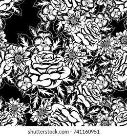 seamless monochrome pattern of flowers for greeting cards, background, price tags