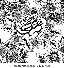 seamless monochrome pattern of flowers for greeting cards, background, price tags