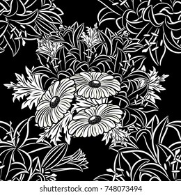 seamless monochrome pattern of flowers for greeting cards, background, price tags