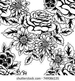 seamless monochrome pattern of flowers for greeting cards, background, price tags