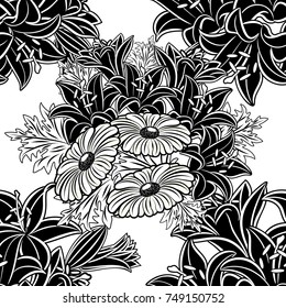 seamless monochrome pattern of flowers for greeting cards, background, price tags