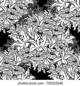 seamless monochrome pattern of flowers for greeting cards, background, price tags