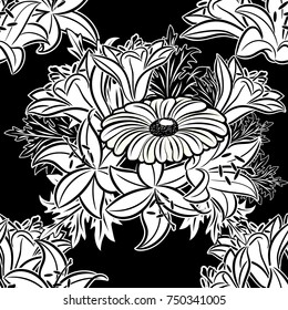 seamless monochrome pattern of flowers for greeting cards, background, price tags