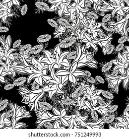 seamless monochrome pattern of flowers for greeting cards, background, price tags