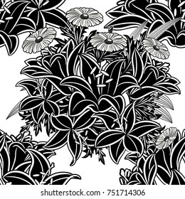 seamless monochrome pattern of flowers for greeting cards, background, price tags